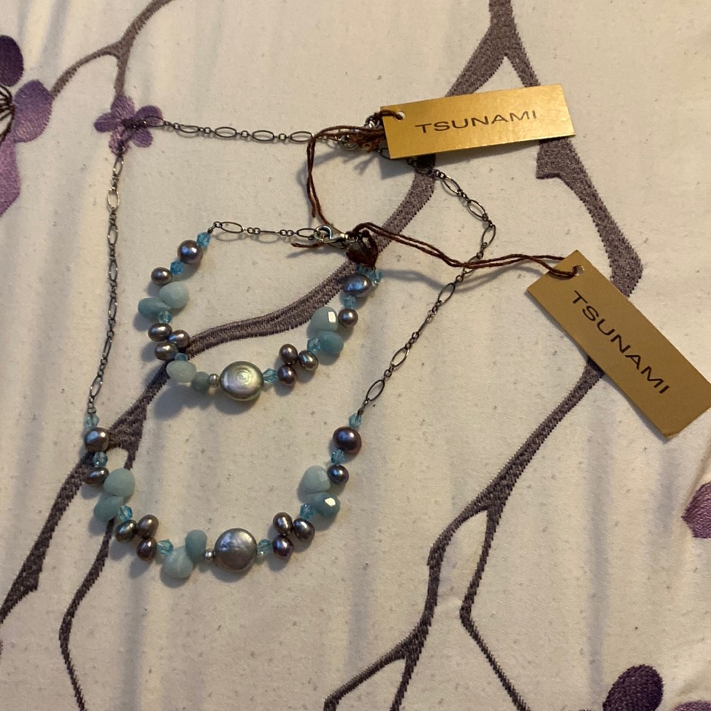 Artisanal Amazonite, Pearl and Swarovski Crystal Necklace and Bracelet Set